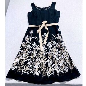 Studio I Fit And Flare Dress Womens 6P Black Floral Sleeveless Chiffon Belted